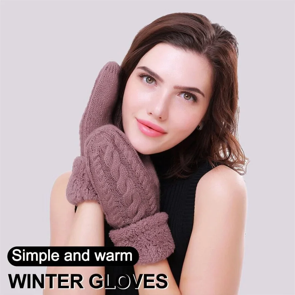 Women's Lilac Winter Warm Imported Fleece Lining Cozy Wool Knit Thick Gloves